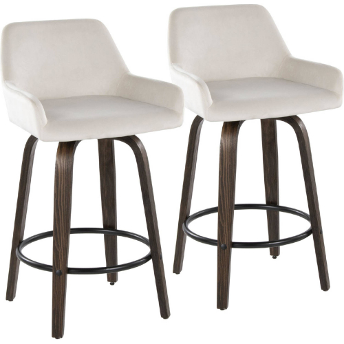 Daniella 26" Swivel Counter Stool in Walnut Glazed Wood & White Velvet w/ Black Footrest (Set of 2)